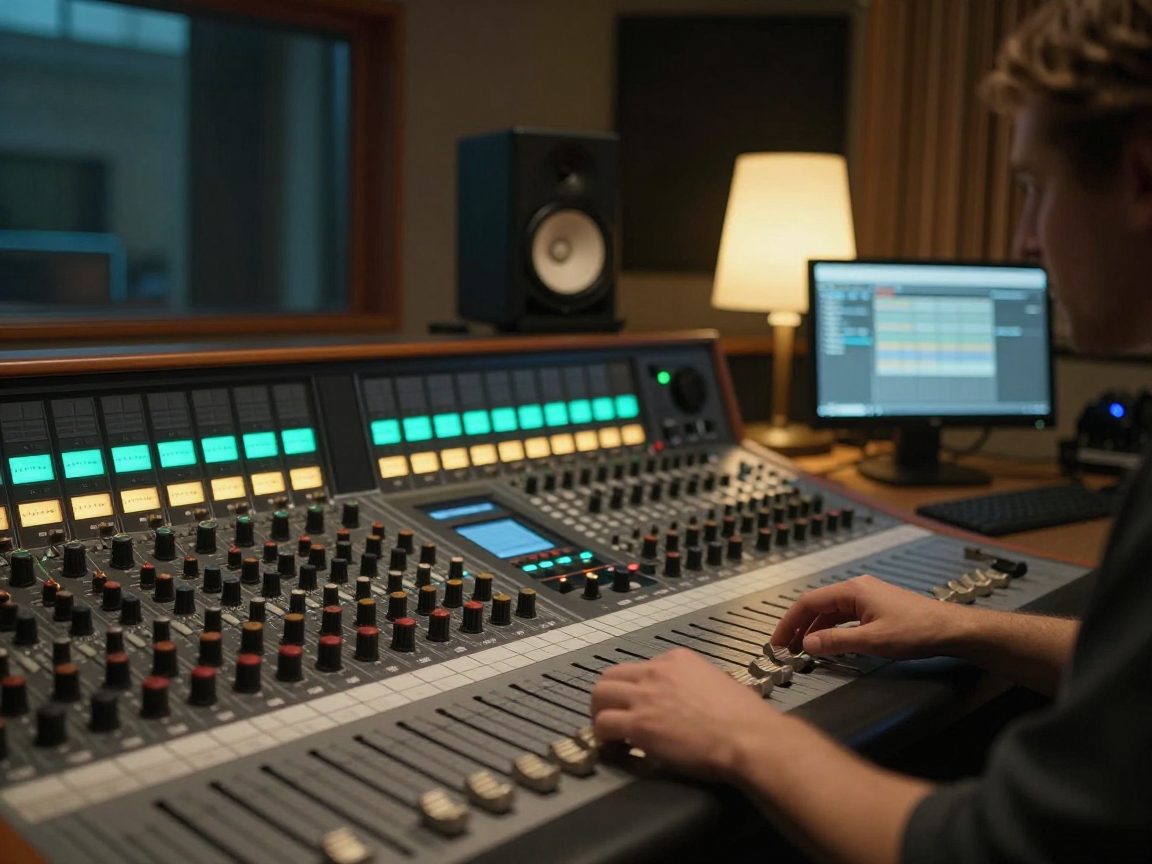 Mix engineer aan console en monitors in de regie.